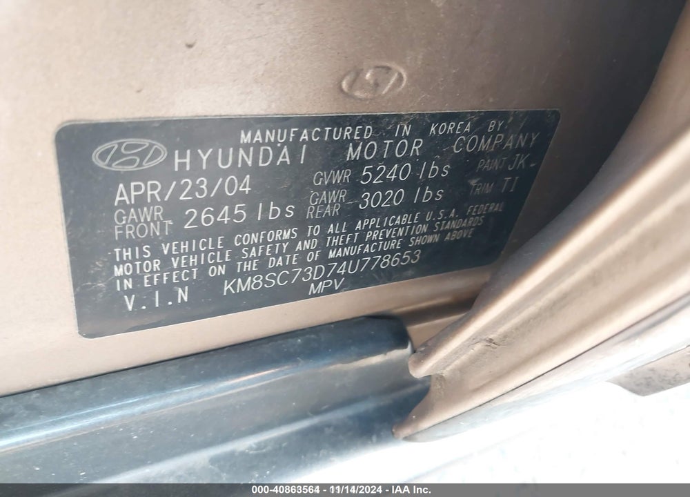 2004 HYUNDAI SANTA FE GLS VIN: KM8SC73D74U778653