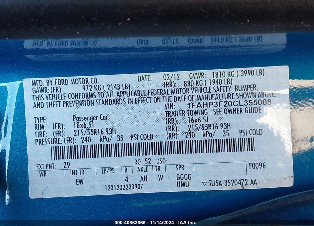 2012 FORD FOCUS VIN: 1FAHP3F20CL355008