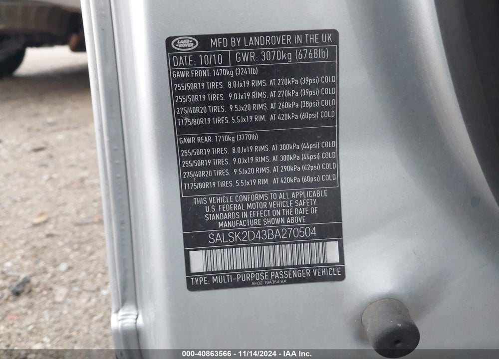 2011 LAND ROVER RANGE ROVER SPORT HSE VIN: SALSK2D43BA270504