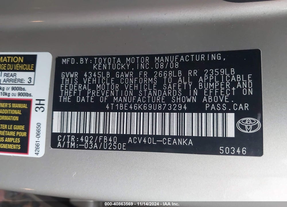 2009 TOYOTA CAMRY LE VIN: 4T1BE46K69U873294