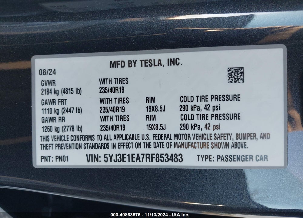 2024 TESLA MODEL 3 VIN: 5YJ3E1EA7RF853483