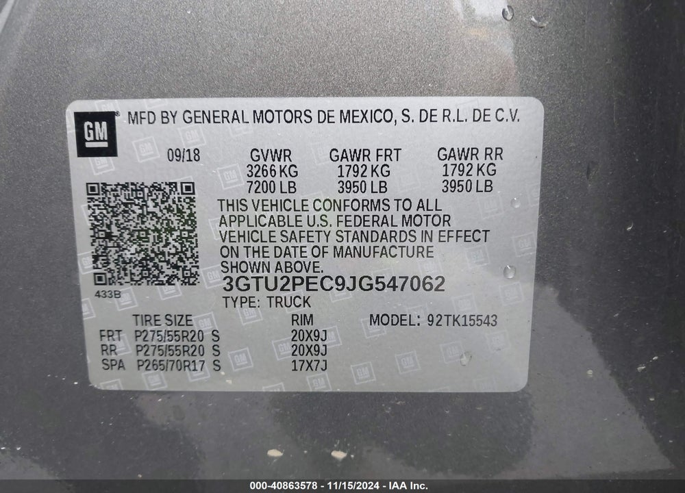 2018 GMC SIERRA 1500 DENALI VIN: 3GTU2PEC9JG547062