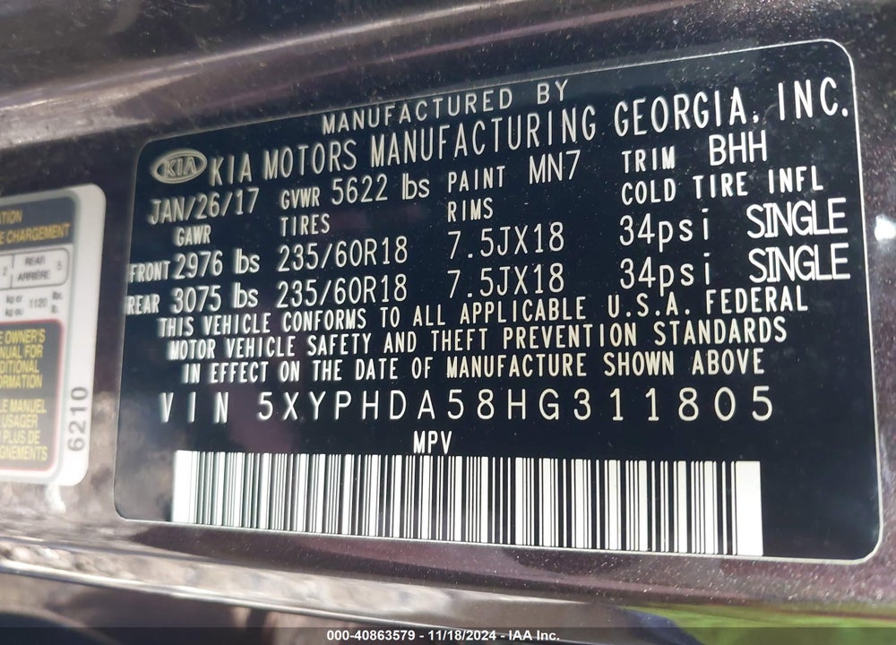 2017 KIA SORENTO 3.3L EX VIN: 5XYPHDA58HG311805