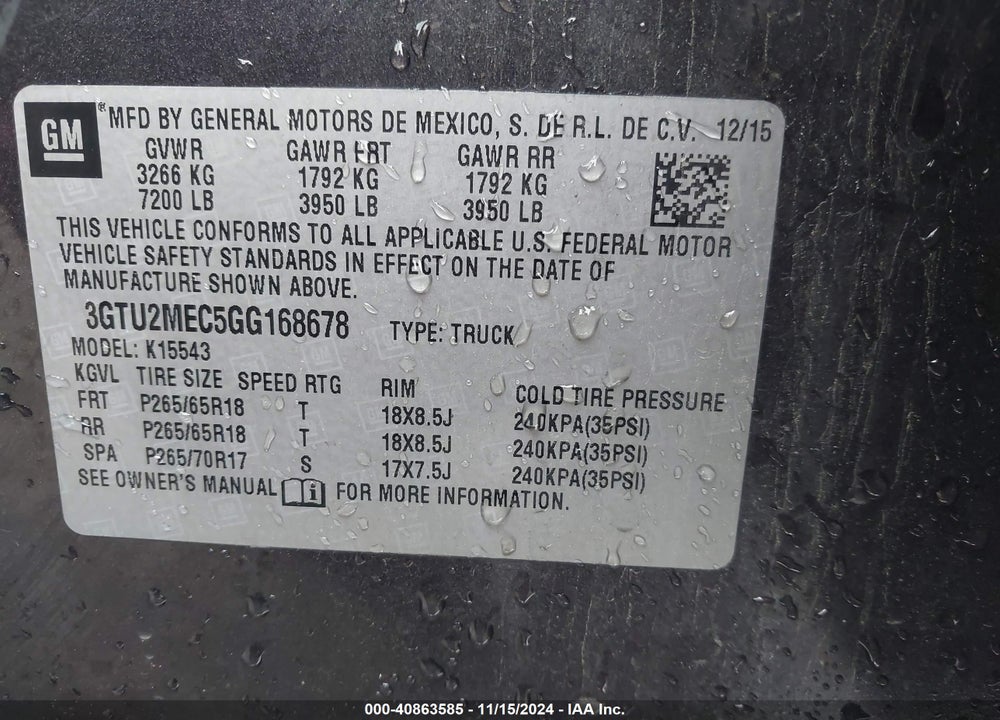2016 GMC SIERRA 1500 SLE VIN: 3GTU2MEC5GG168678