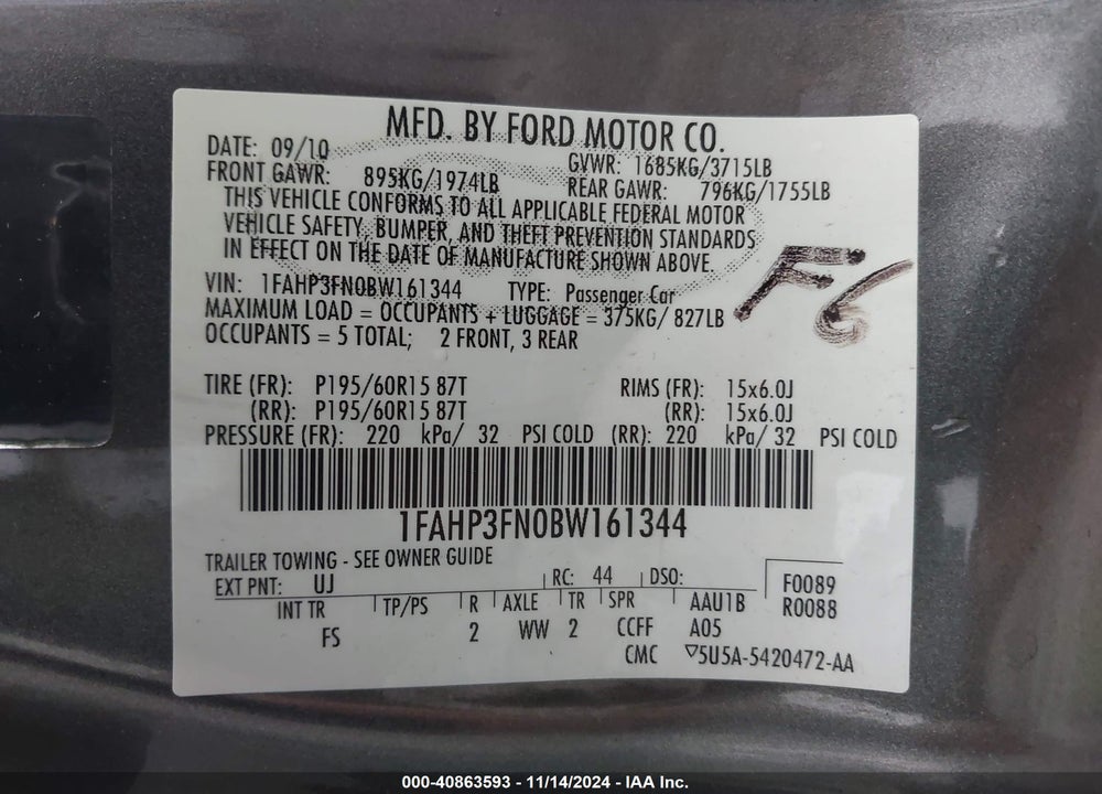 2011 FORD FOCUS SE VIN: 1FAHP3FN0BW161344