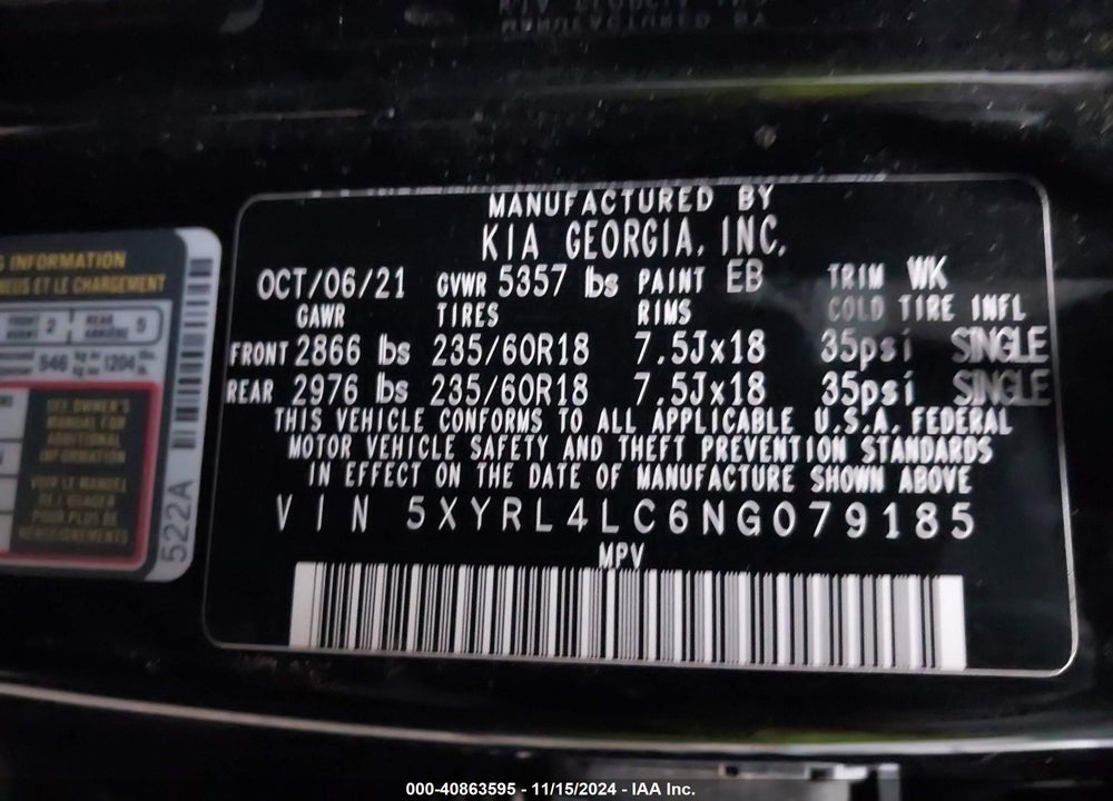 2022 KIA SORENTO S VIN: 5XYRL4LC6NG079185