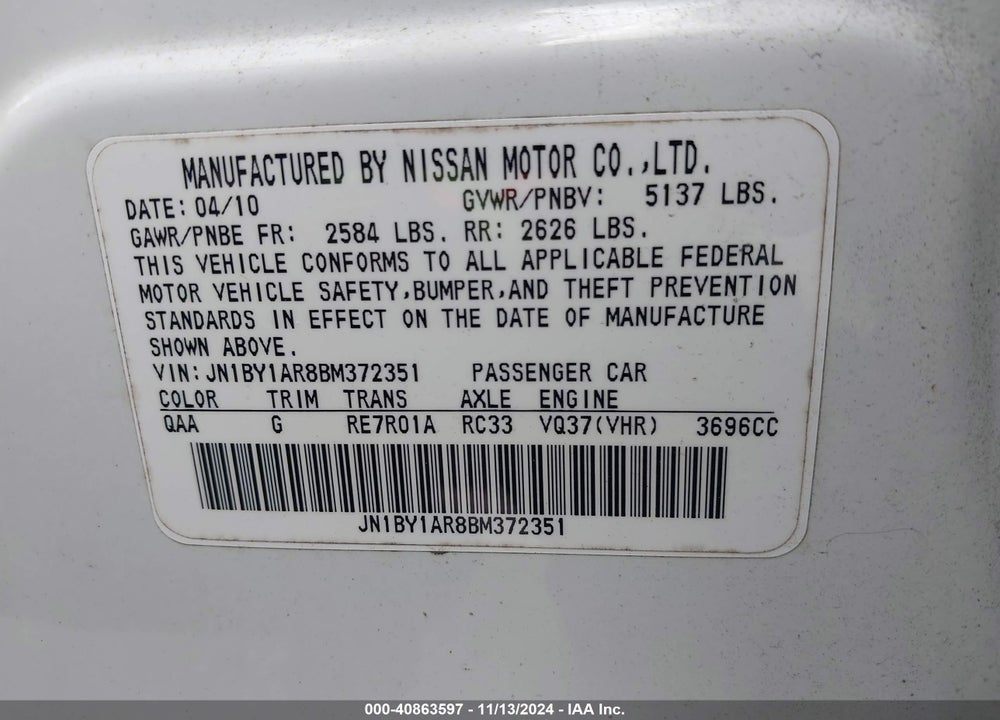 2011 INFINITI M37X VIN: JN1BY1AR8BM372351