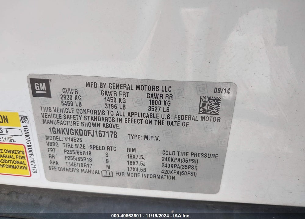 2015 CHEVROLET TRAVERSE 1LT VIN: 1GNKVGKD0FJ167178