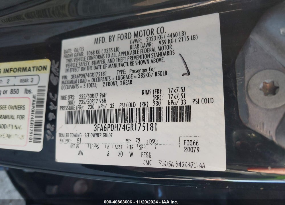 2016 FORD FUSION SE VIN: 3FA6P0H74GR175181