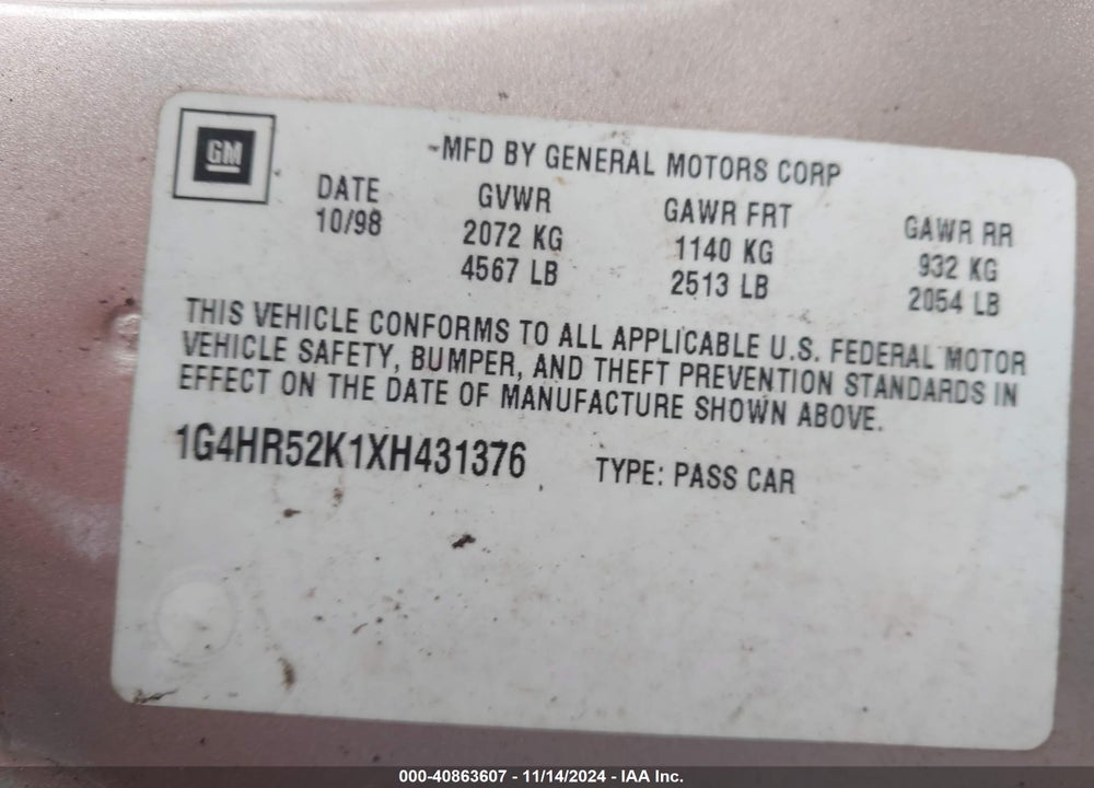 1999 BUICK LESABRE LIMITED VIN: 1G4HR52K1XH431376