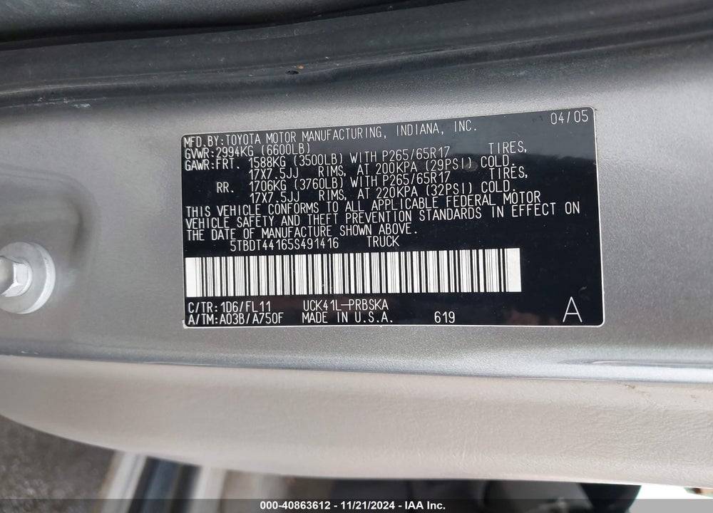 2005 TOYOTA TUNDRA SR5 V8 VIN: 5TBDT44165S491416