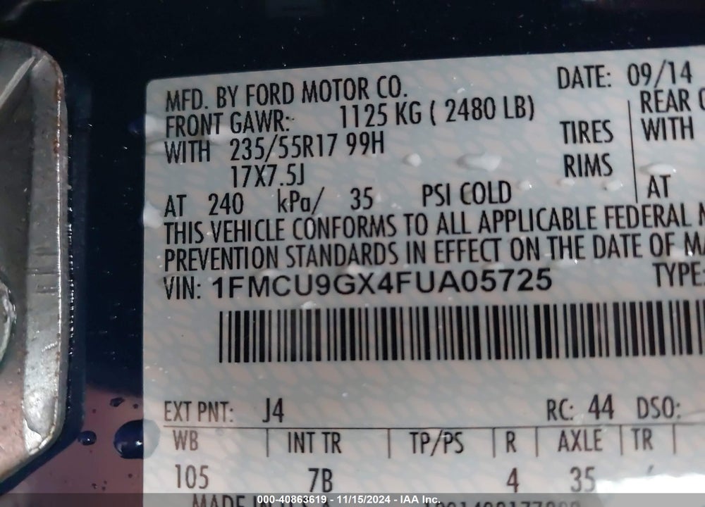 2015 FORD ESCAPE SE VIN: 1FMCU9GX4FUA05725