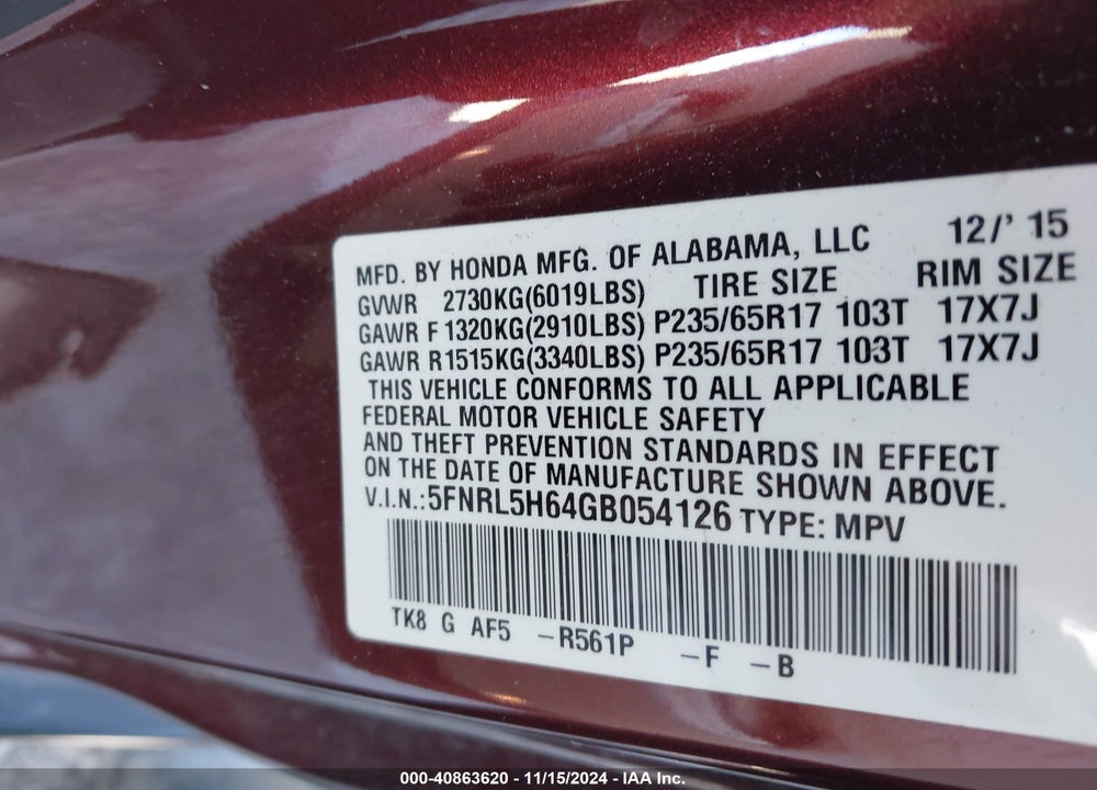 2016 HONDA ODYSSEY EX-L VIN: 5FNRL5H64GB054126