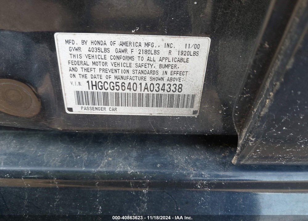 2001 HONDA ACCORD 2.3 LX VIN: 1HGCG56401A034338