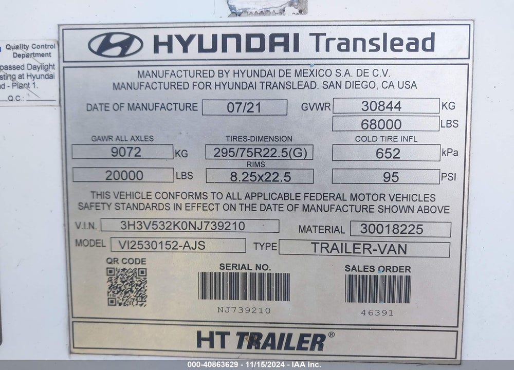 2022 HYUNDAI TRANSLEAD INC --- VIN: 3H3V532K0NJ739210