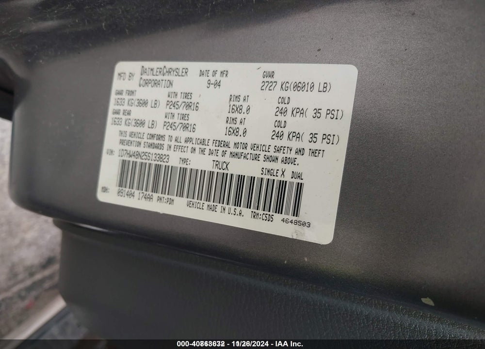 2005 DODGE DAKOTA SLT VIN: 1D7HW48N25S133823