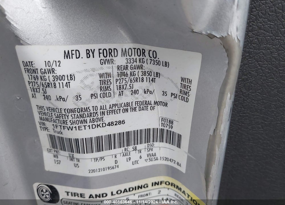 2013 FORD F-150 XLT VIN: 1FTFW1ET1DKD48286