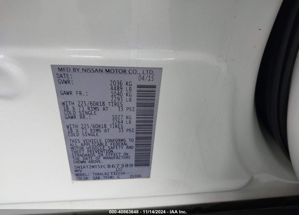 2015 NISSAN ROGUE SL VIN: 5N1AT2MT5FC867389