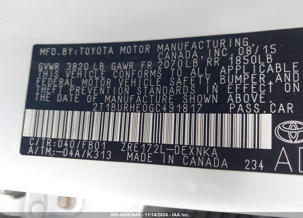 2016 TOYOTA COROLLA LE VIN: 2T1BURHE0GC491817
