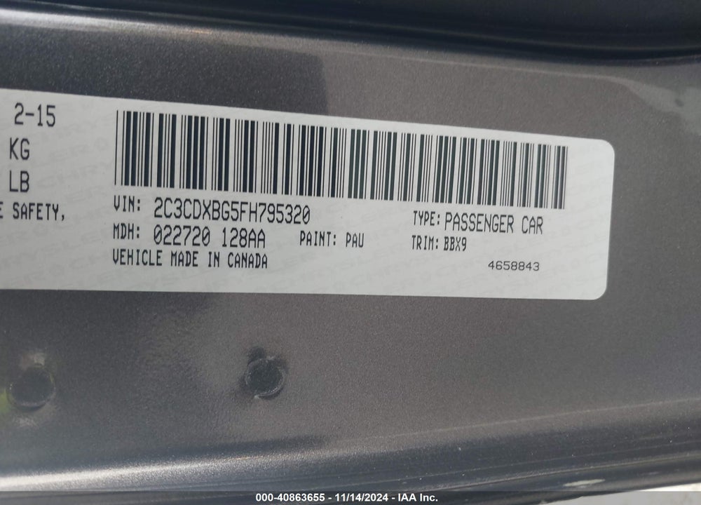 2015 DODGE CHARGER SE VIN: 2C3CDXBG5FH795320