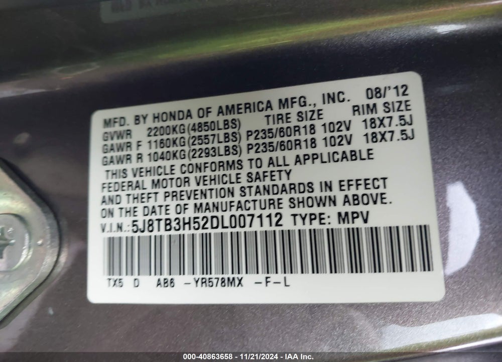 2013 ACURA RDX VIN: 5J8TB3H52DL007112