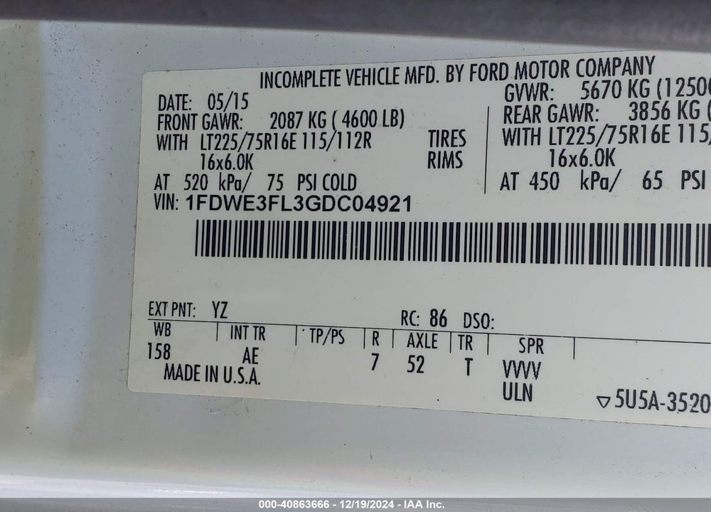 2016 FORD E-350 CUTAWAY VIN: 1FDWE3FL3GDC04921