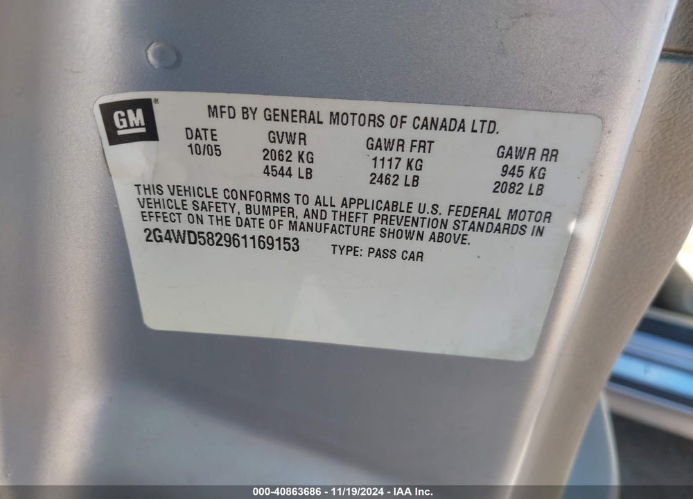 2006 BUICK LACROSSE CXL VIN: 2G4WD582961169153
