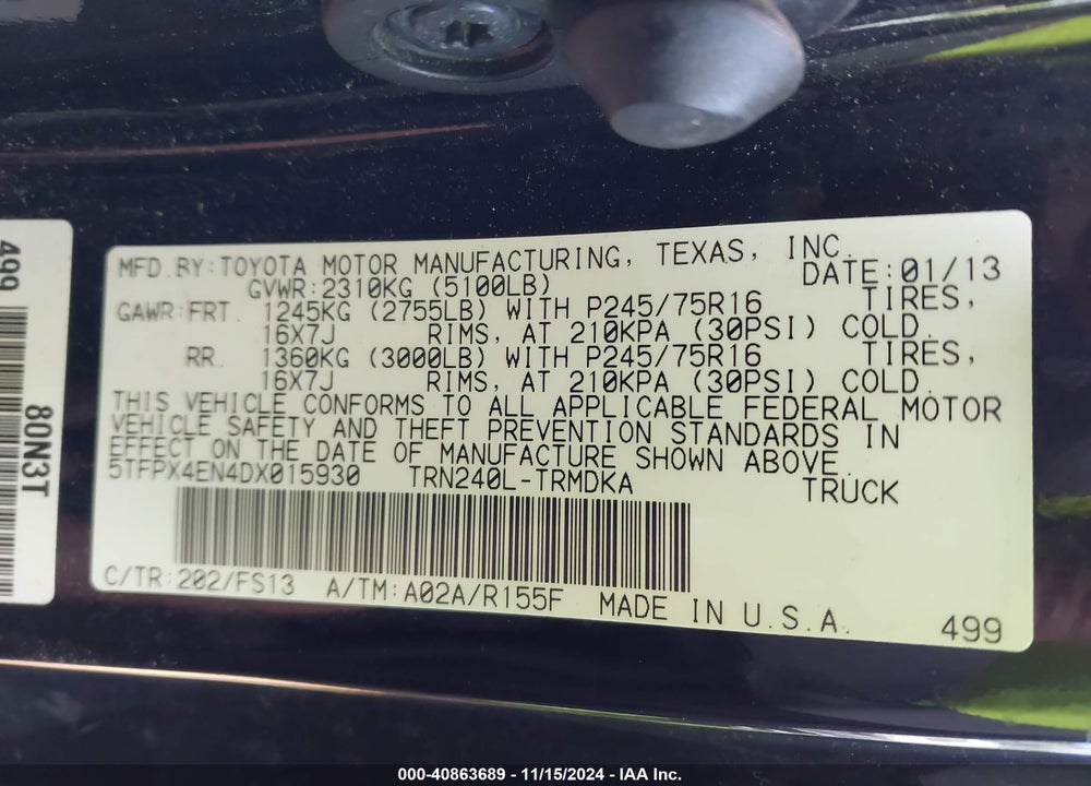 2013 TOYOTA TACOMA VIN: 5TFPX4EN4DX015930