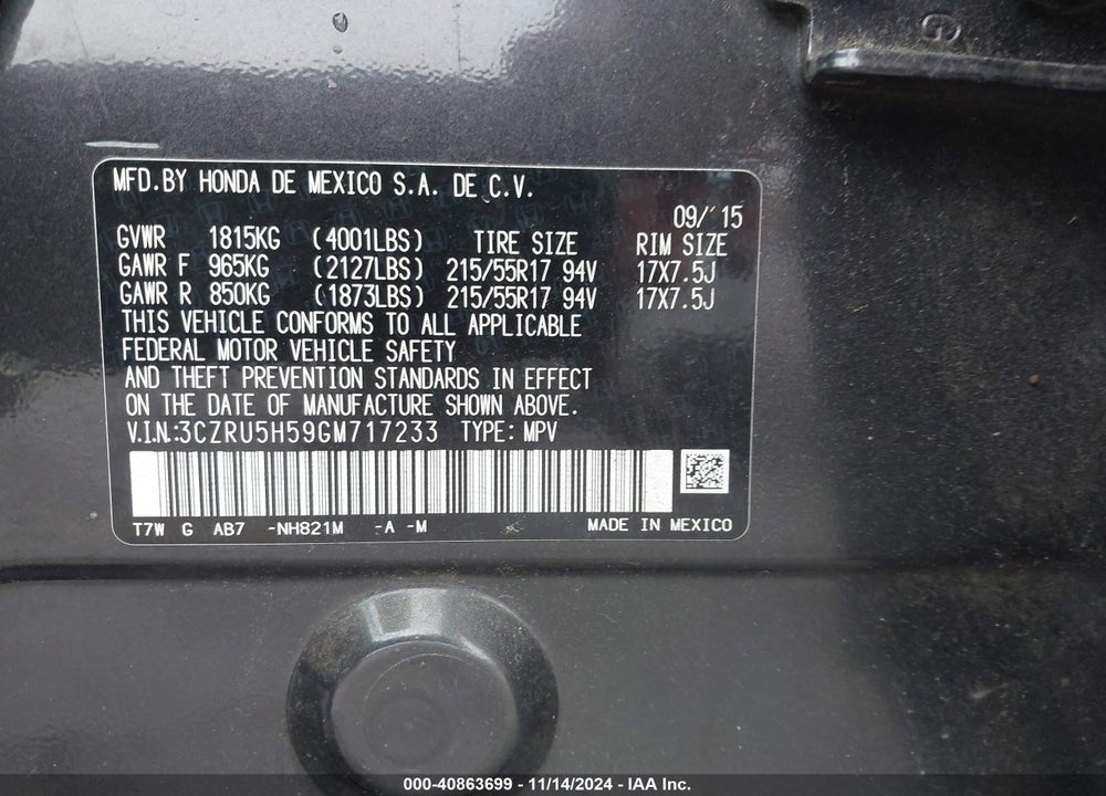 2016 HONDA HR-V EX VIN: 3CZRU5H59GM717233