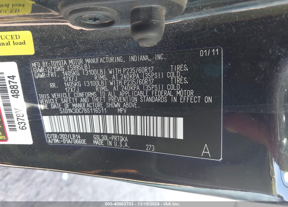 2011 TOYOTA SIENNA XLE V6 VIN: 5TDYK3DC7BS116511