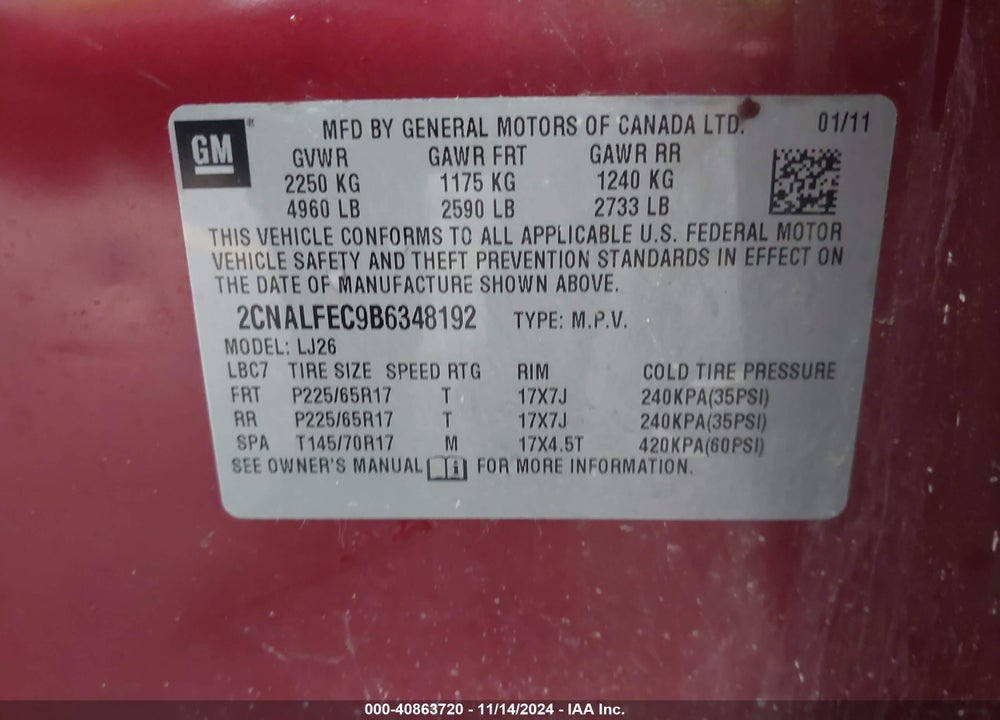 2011 CHEVROLET EQUINOX LTZ VIN: 2CNALFEC9B6348192