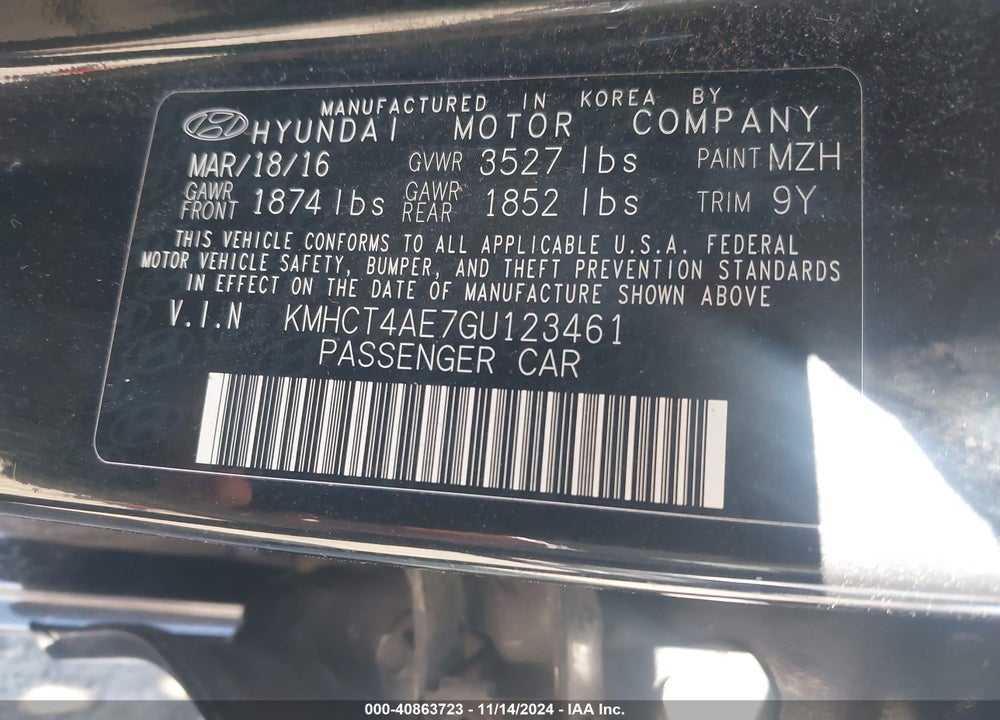2016 HYUNDAI ACCENT VIN: KMHCT4AE7GU123461