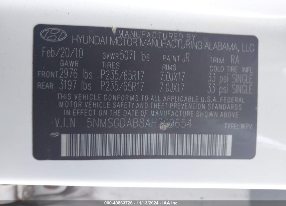2010 HYUNDAI SANTA FE GLS VIN: 5NMSGDAB8AH369654