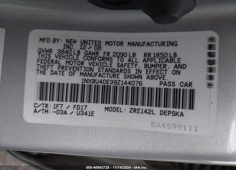 2009 TOYOTA COROLLA S VIN: 1NXBU40E39Z144076