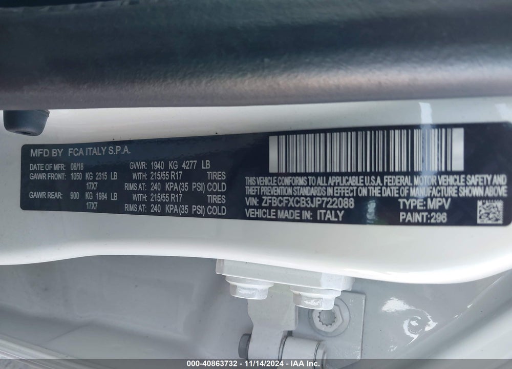 2018 FIAT 500X TREKKING FWD VIN: ZFBCFXCB3JP722088