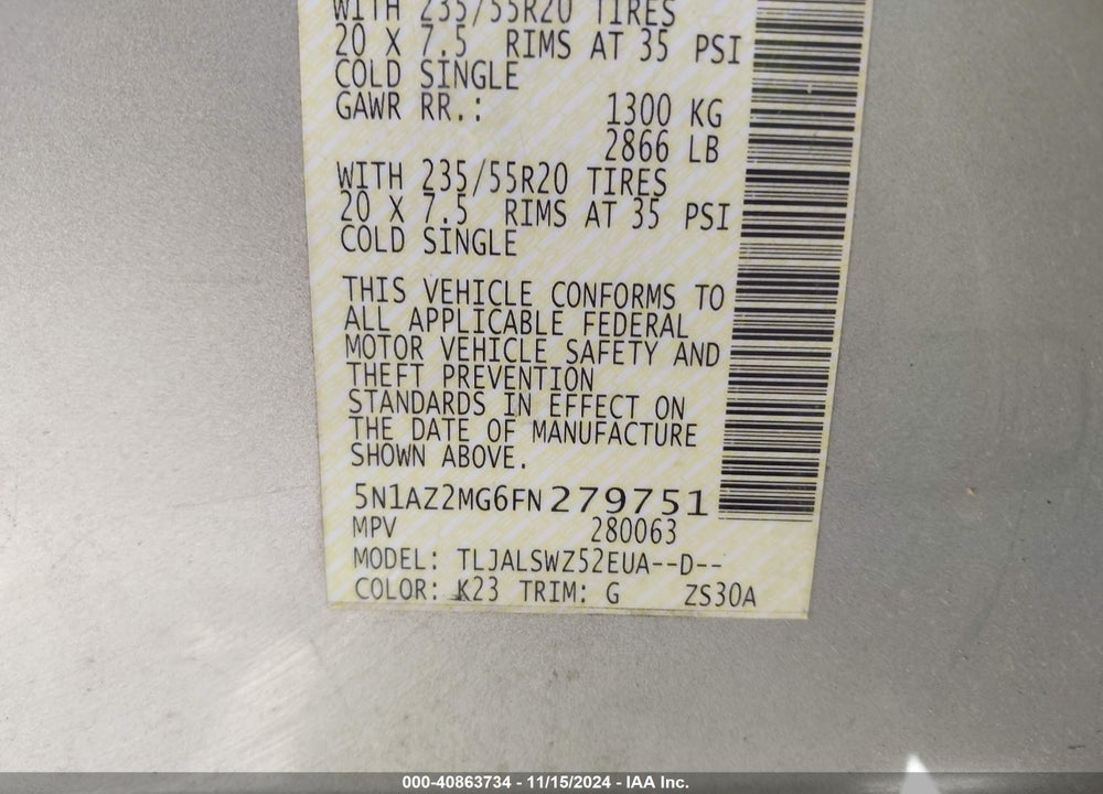 2015 NISSAN MURANO PLATINUM VIN: 5N1AZ2MG6FN279751