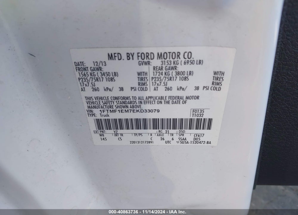 2014 FORD F-150 XL VIN: 1FTMF1EM7EKD33079