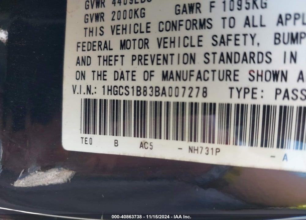2011 HONDA ACCORD 2.4 EX-L VIN: 1HGCS1B83BA007278