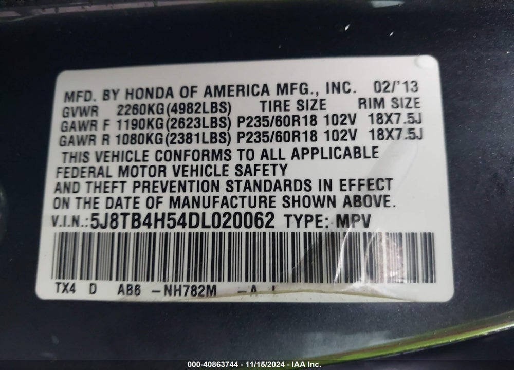 2013 ACURA RDX VIN: 5J8TB4H54DL020062