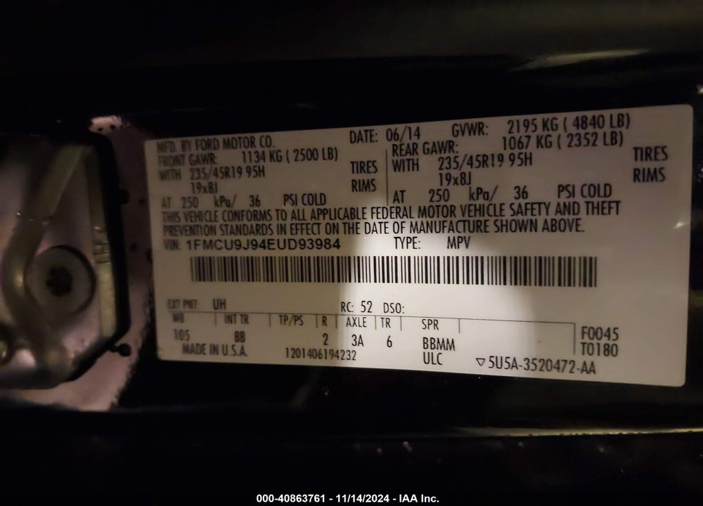 2014 FORD ESCAPE TITANIUM VIN: 1FMCU9J94EUD93984