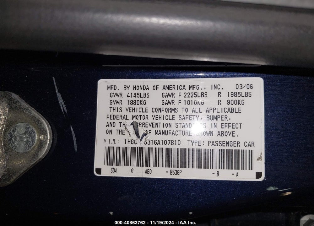 2006 HONDA ACCORD 2.4 SE VIN: 1HGCM55316A107810