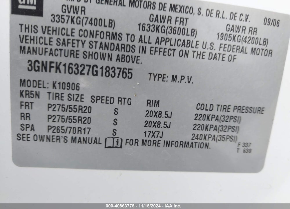 2007 CHEVROLET SUBURBAN 1500 LT VIN: 3GNFK16327G183765