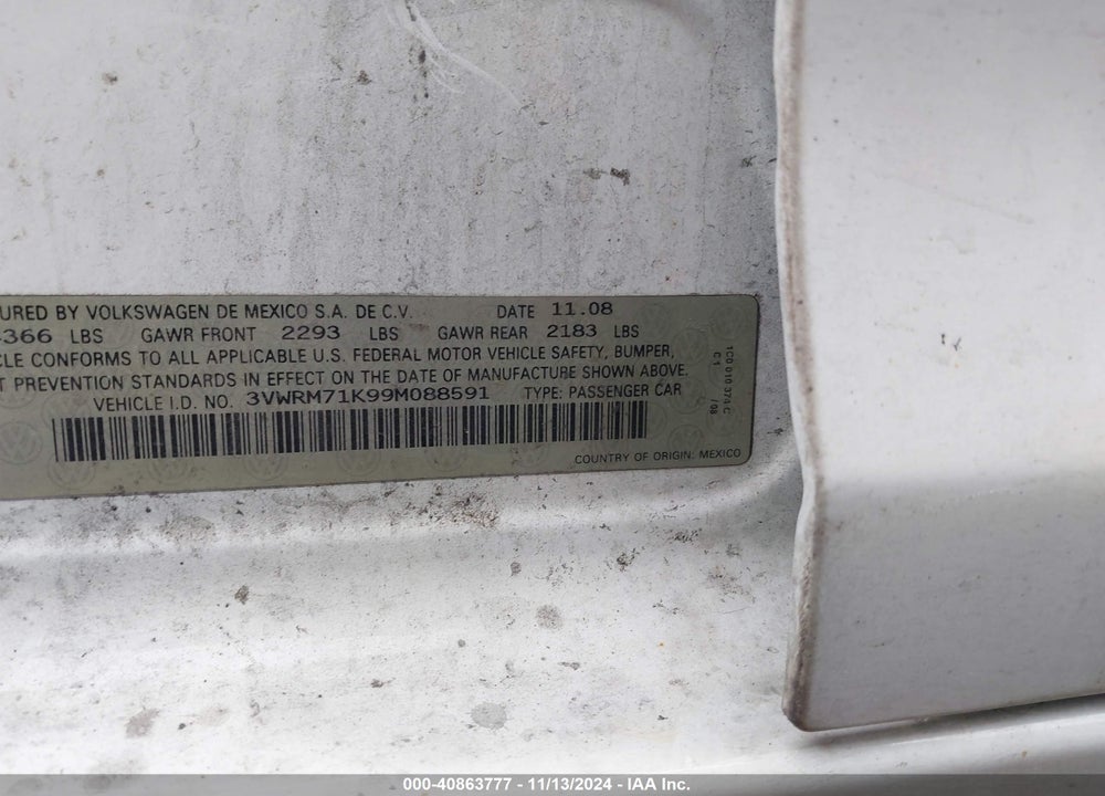 2009 VOLKSWAGEN JETTA VIN: 3VWRM71K99M088591