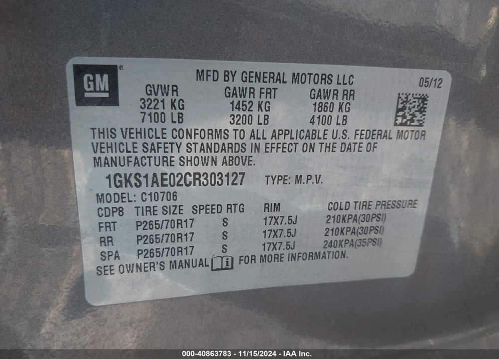 2012 GMC YUKON SLE VIN: 1GKS1AE02CR303127