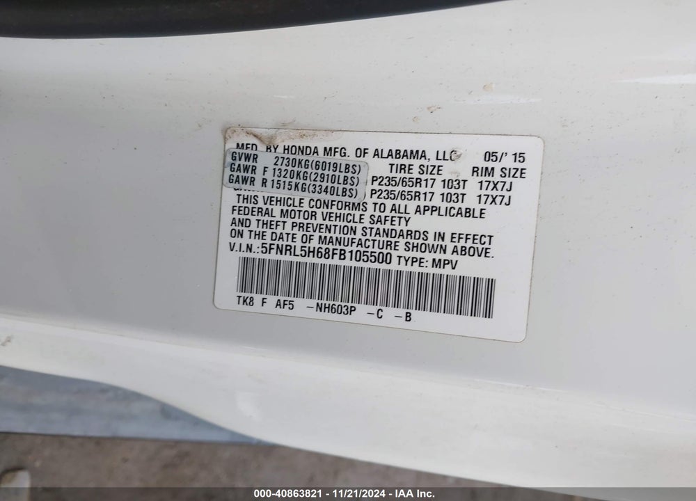 2015 HONDA ODYSSEY EX-L VIN: 5FNRL5H68FB105500