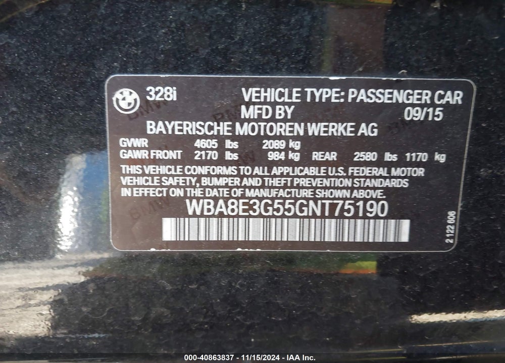 2016 BMW 328 VIN: WBA8E3G55GNT75190