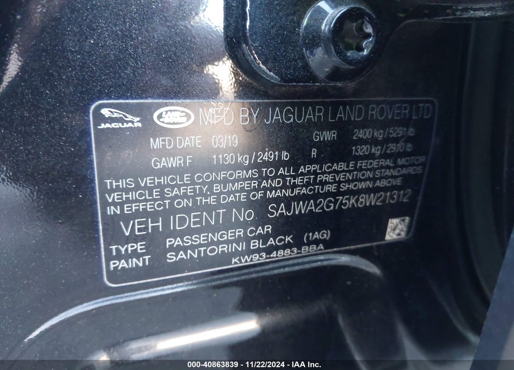2019 JAGUAR XJ XJ50 V6/XJL PORTFOLIO VIN: SAJWA2G75K8W21312