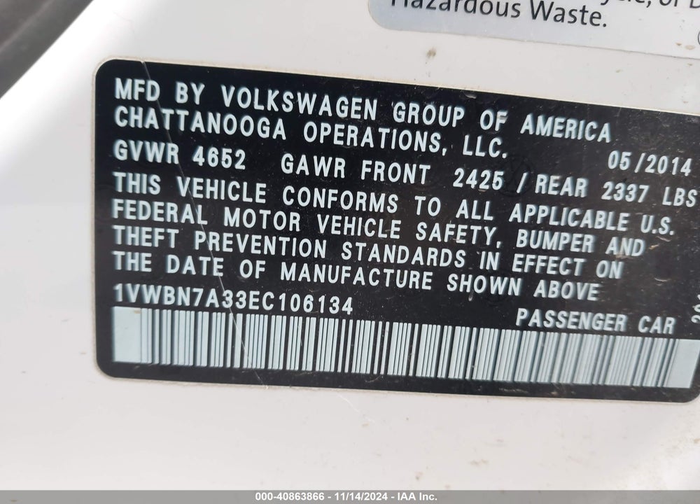 2014 VOLKSWAGEN PASSAT 2.0L TDI SE VIN: 1VWBN7A33EC106134