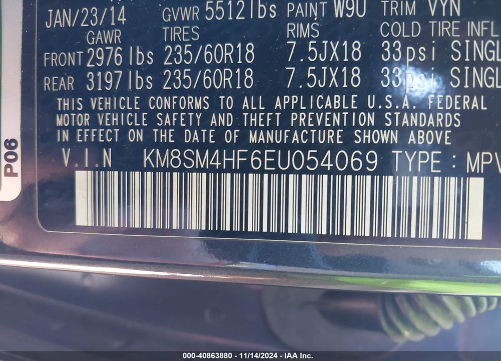 2014 HYUNDAI SANTA FE GLS VIN: KM8SM4HF6EU054069
