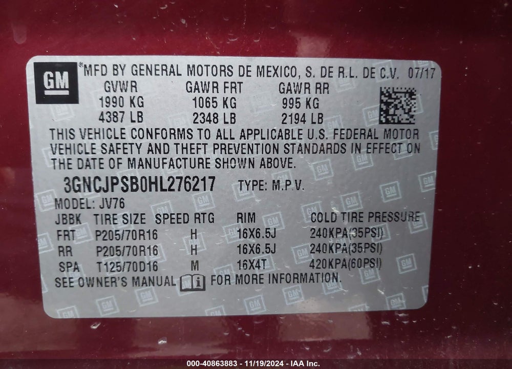 2017 CHEVROLET TRAX LT VIN: 3GNCJPSB0HL276217